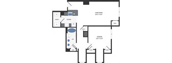 A floor plan of a small apartment with a living room, kitchen, bathroom, and two bedrooms.