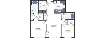 A floor plan of a two bedroom apartment with a living/dining area and a kitchen.