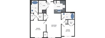 A floor plan of a two-bedroom apartment with a living/dining area and a kitchen.