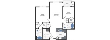 A floor plan of a home with a balcony, two bedrooms, a living/dining area, a kitchen, a laundry room, and a bathroom.