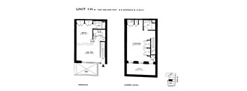 A drawing of a floor plan for a 1 bedroom, 2 bath unit.