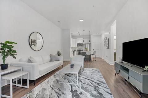 A modern living room with a white couch and a grey rug.