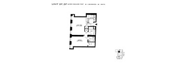 A drawing of a floor plan for an apartment with 2 bedrooms and 1 bath.