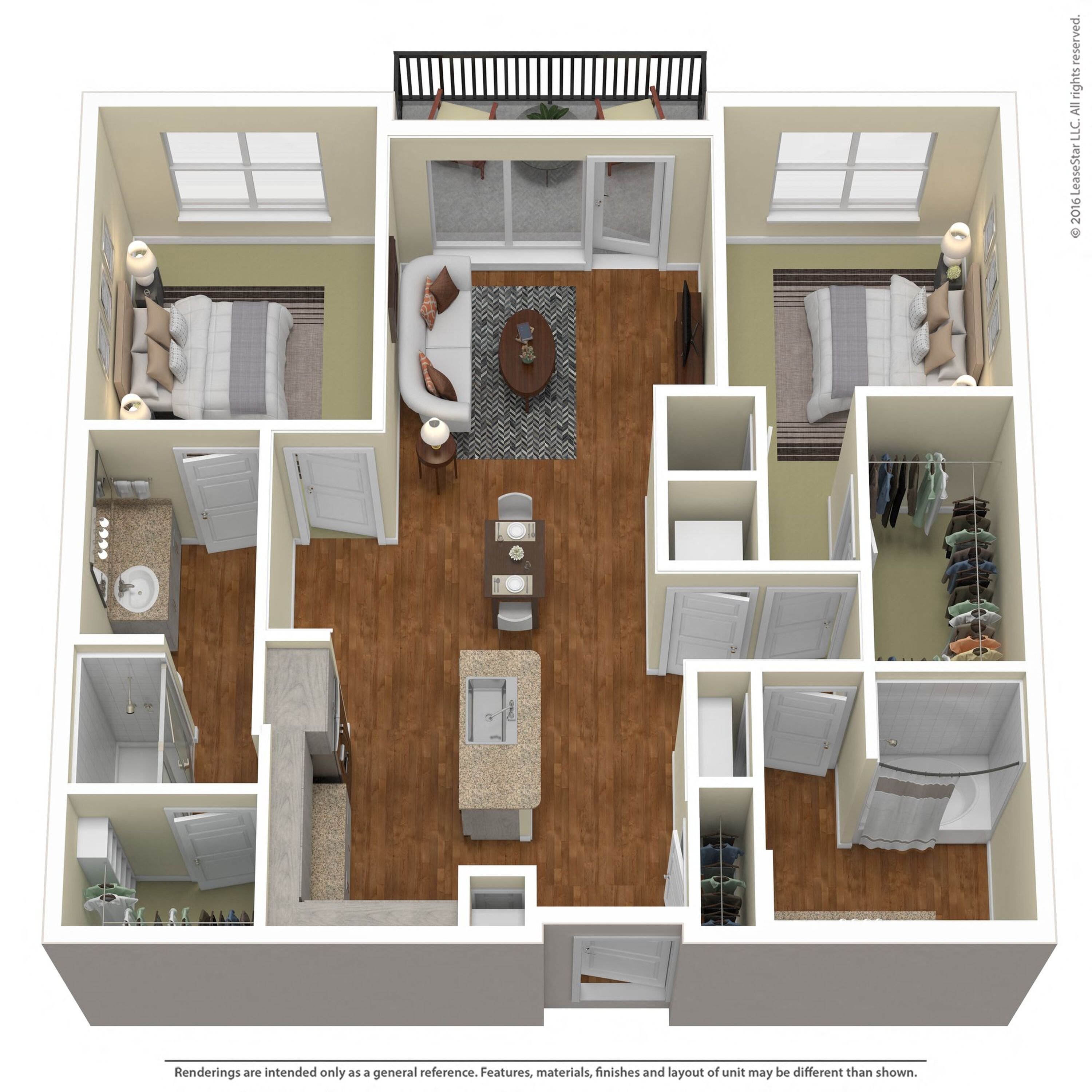 A 3D floor plan of a house with various rooms and furniture.