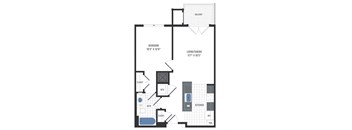 A floor plan of a small apartment with a bedroom, bathroom, kitchen, and living room.