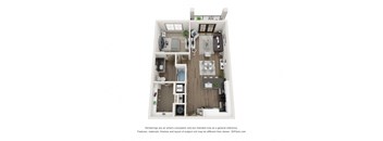 A 3D floor plan of a small apartment with a kitchen, living room, and bathroom.
