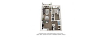 A 3D floor plan of a small apartment with a kitchen, living room, and bedroom.