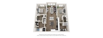 A 3D floor plan of a small apartment with a kitchen, living room, and two bedrooms.