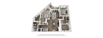 A 3D floor plan of a house with a kitchen, living room, and bedrooms.