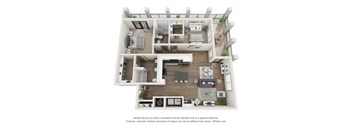 A 3D floor plan of a house with a kitchen, living room, and two bedrooms.