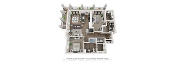 A 3D floor plan of a house with a kitchen, living room, and bedrooms.