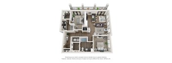 A 3D floor plan of a house with multiple rooms and furniture.