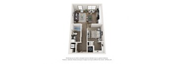 A 3D floor plan of a small apartment with a living room, kitchen, and bathroom.