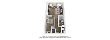 A 3D floor plan of a small apartment with a kitchen, living room, and bathroom.