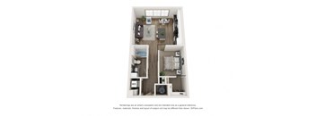 A 3D floor plan of a small apartment with a kitchen, living room, and bathroom.