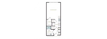 A floor plan of a small apartment with a kitchen, living room, and bathroom.
