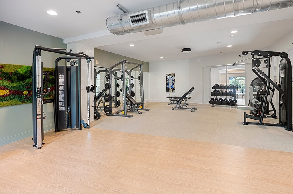 A gym with a variety of equipment including treadmills, weights, and exercise machines.