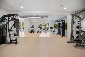 A spacious gym with various exercise machines and equipment.
