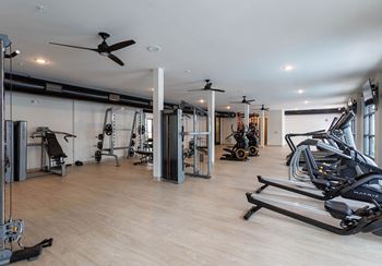 A spacious gym with a variety of equipment including treadmills, weights, and exercise machines.