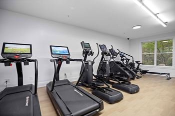 A gym with treadmills and elliptical machines.