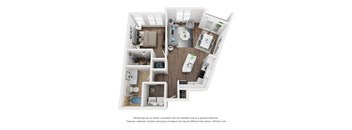 A 3D floor plan of a small apartment with a kitchen, living room, and bathroom.