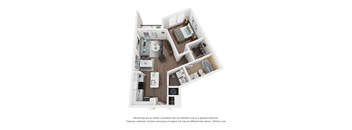 A 3D floor plan of a house with a kitchen, living room, and two bedrooms.