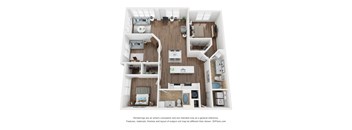 A 3D floor plan of a house with a kitchen, living room, and two bedrooms.