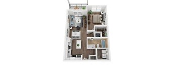 A top-down view of a small apartment with a kitchen, living room, and bathroom.