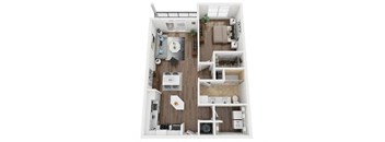A white and wood floor plan of a small apartment with a kitchen, living room, and bathroom.