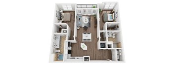 A top-down view of a small apartment with a kitchen, living room, and bedroom.