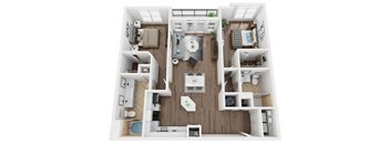 A top-down view of a small apartment with a kitchen, living room, and bedroom.