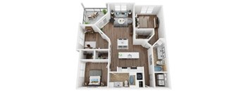 A top-down view of a small apartment with a kitchen, living room, and bathroom.