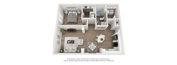 A 3D floor plan of a small apartment with a kitchen, living room, and bedroom.