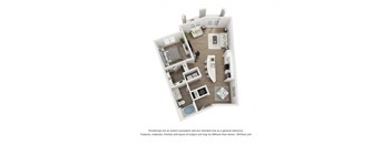 A 3D floor plan of a house with a kitchen, living room, and two bedrooms.