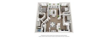 A 3D floor plan of a house with a kitchen, living room, and two bedrooms.