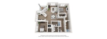 A 3D floor plan of a house with a kitchen, living room, dining room, and two bedrooms.