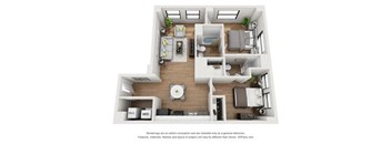 A 3D floor plan of a small apartment with a kitchen, living room, and bedroom.