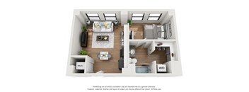 A 3D floor plan of a small apartment with a kitchen, living room, and bathroom.