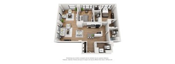 A 3D floor plan of a house with labeled rooms.