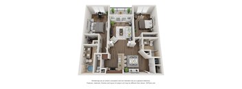 A 3D floor plan of a house with a kitchen, living room, and dining area.