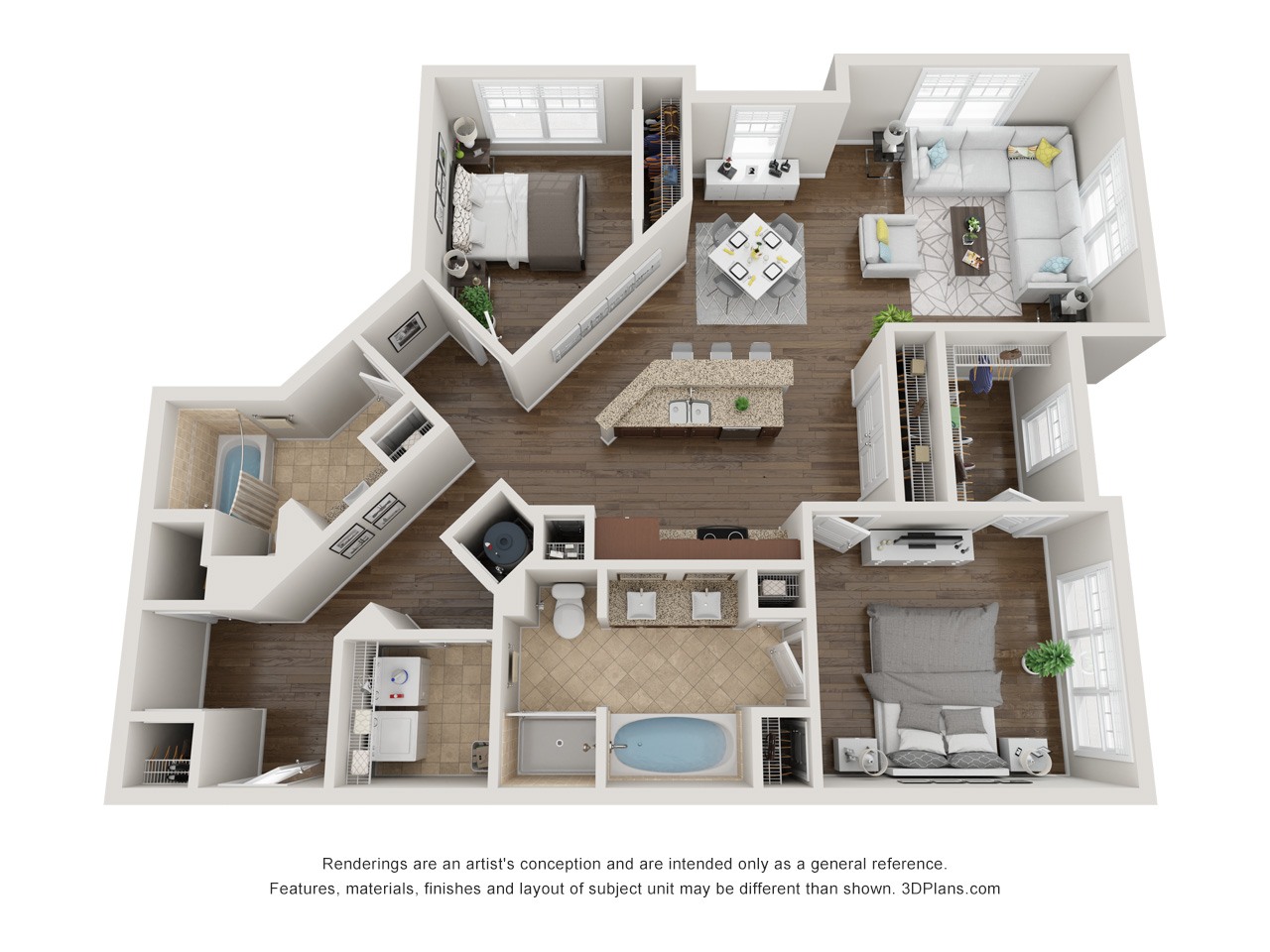 A 3D floor plan of a house with a kitchen, living room, and bathroom.