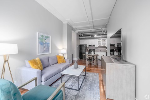 A modern living room with a grey couch and a grey rug.