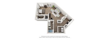 A 3D floor plan of a small apartment with a kitchen, living room, and bedroom.