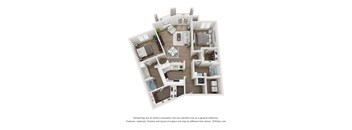 A 3D floor plan of a house with a kitchen, living room, and two bedrooms.