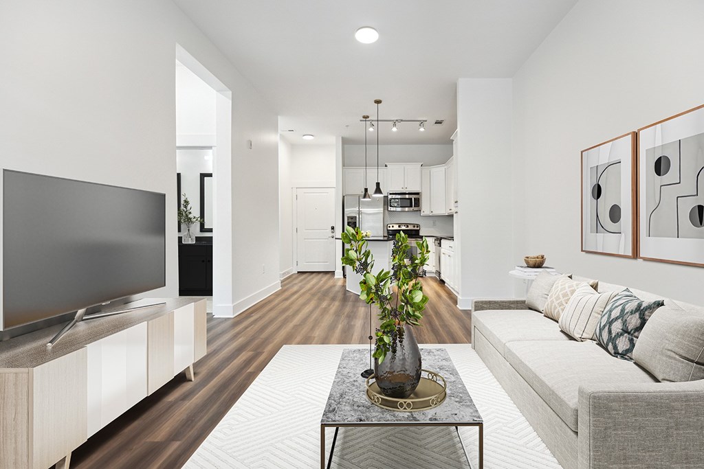 A modern living room with a grey sofa, a wooden cabinet, a television, and a potted plant on a glass table.
