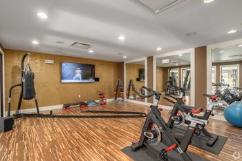 A home gym with exercise equipment and a television.