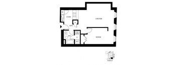 A black and white floor plan of a home with a living room, kitchen, bathroom, and bedroom.