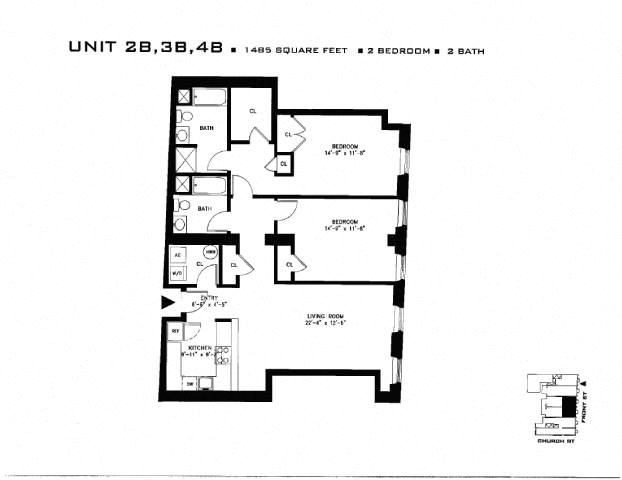 A floor plan for a 1485 square foot home with two bedrooms and two baths.