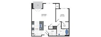 A floor plan of a home with a living area, kitchen, bathroom, and bedroom.