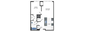 A floor plan of a small apartment with a bedroom, living/dining area, kitchen, and bathroom.